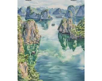 May include: A watercolor painting of a scenic landscape with a view of a bay surrounded by lush green islands and rocky cliffs. The water is a vibrant blue-green color and reflects the sky and clouds. The painting captures the beauty of nature and the tranquility of the scene.