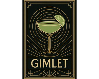 Könnte beinhalten: Poster im Art-Déco-Stil mit einem grünen Gimlet-Cocktail in einem Stielglas mit einer Limettenscheibe. Das Poster hat einen schwarzen Hintergrund mit goldenen Akzenten, einschließlich des Wortes "GIMLET" in fetter Schrift.