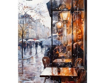 May include: A watercolor painting of a Parisian cafe scene with people walking in the rain. The cafe is seen through a window with a view of the street. The cafe has a wooden table and chairs. The painting is done in a realistic style with a focus on the details of the scene.
