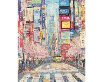 Tokyo Shibuya-kunstafdruk | Muurkunst Japans straatbeeld | Stedelijk landschap met kersenbloesem | Modern Japans stadsgezicht | Decoratie zebrapad