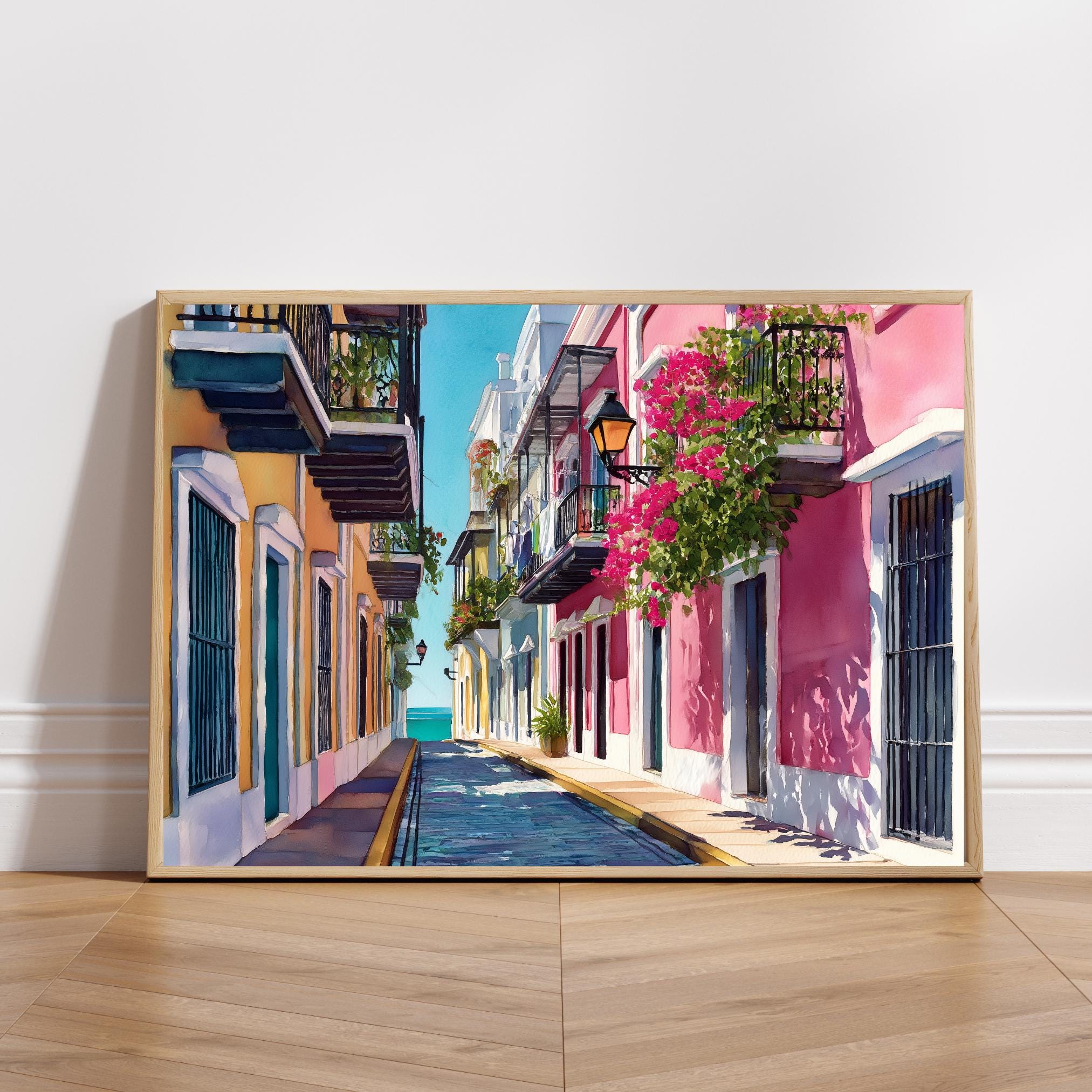 Old San Juan Art Print: Puerto Rico Cobblestone Street, Pink