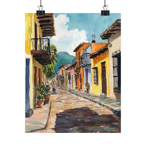 オアハカの街並みを描いたアートプリント：カラフルなメキシコの街並み