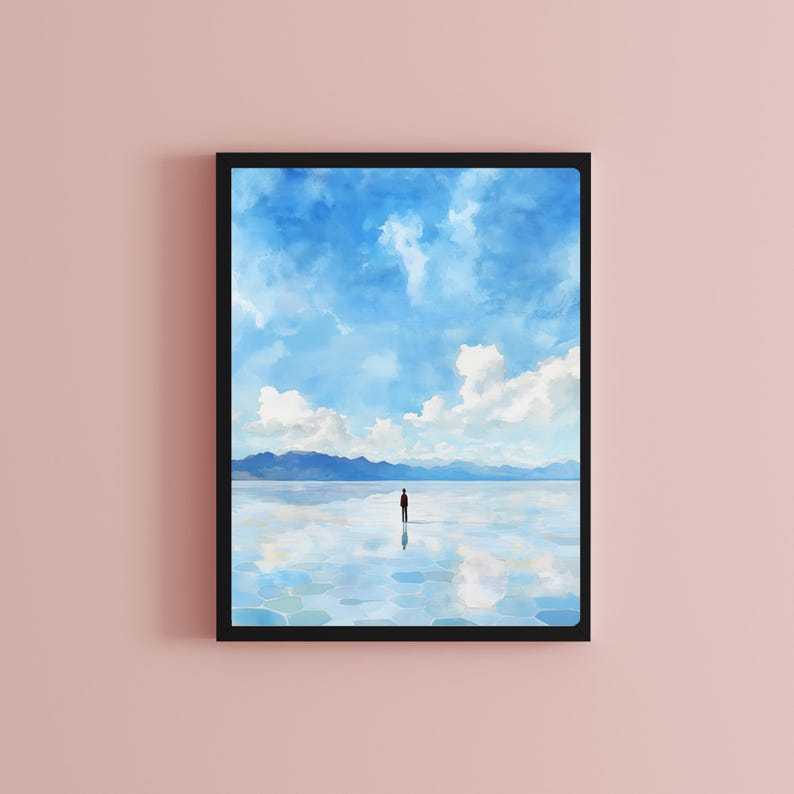 May include: A digital painting of a lone figure standing in a vast, reflective body of water. The sky is a bright blue with fluffy white clouds. The mountains in the distance are a hazy blue.
