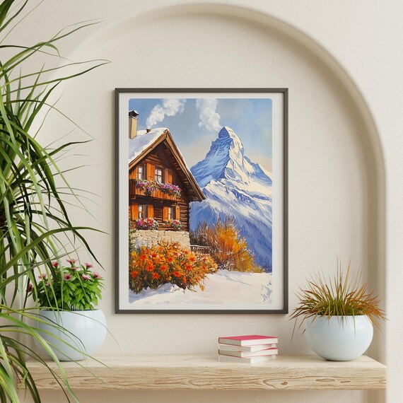 スイスのシャレーアートプリント：雪山の冬景色 - Etsy 日本