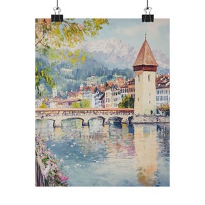 May include: A watercolor painting of a bridge over a river in a European city. The bridge is made of stone and has several arches. There are buildings on both sides of the river, and a tower with a red roof is visible in the background. The mountains are in the distance, and the sky is blue.