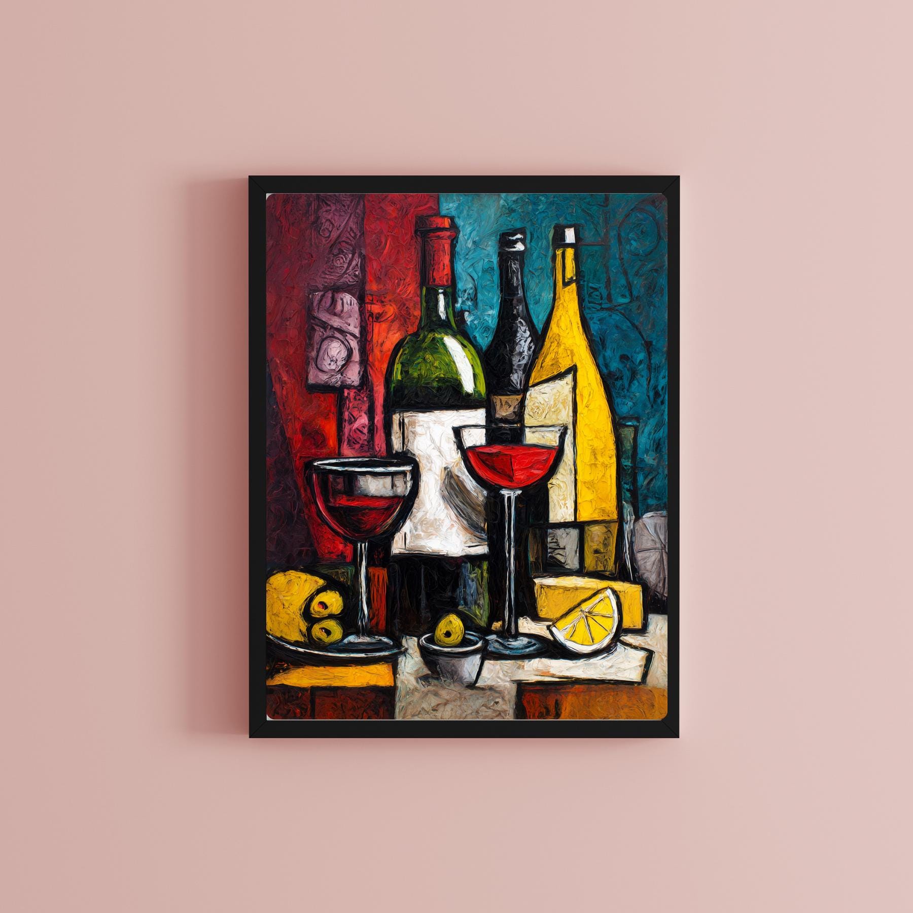 キュビズム風ワイン静物画：質感のあるバー装飾アート - Etsy 日本
