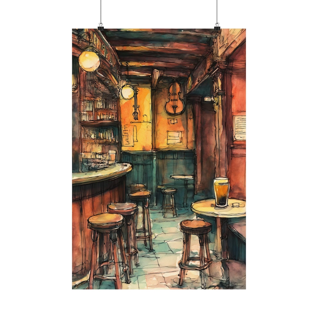 Irish Pub Art Print: County Cork Watercolor, Rustic Bar Interior Drink ...