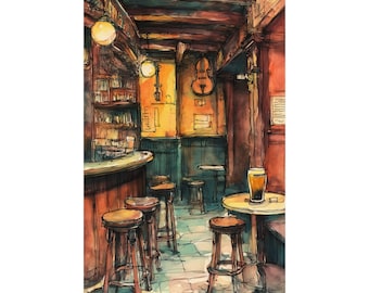 Irish Pub Art Print: County Cork Watercolor, Rustic Bar Interior Drink Decor