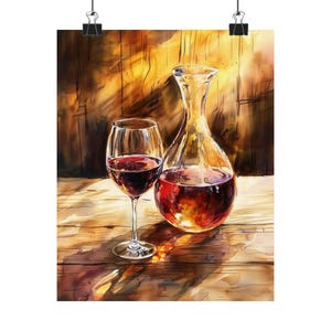 Italian Wine Bar Art Print - Red Wine Decanter Still Life, Golden Hour Dining Wall Decor, Wine Lover Kitchen Art