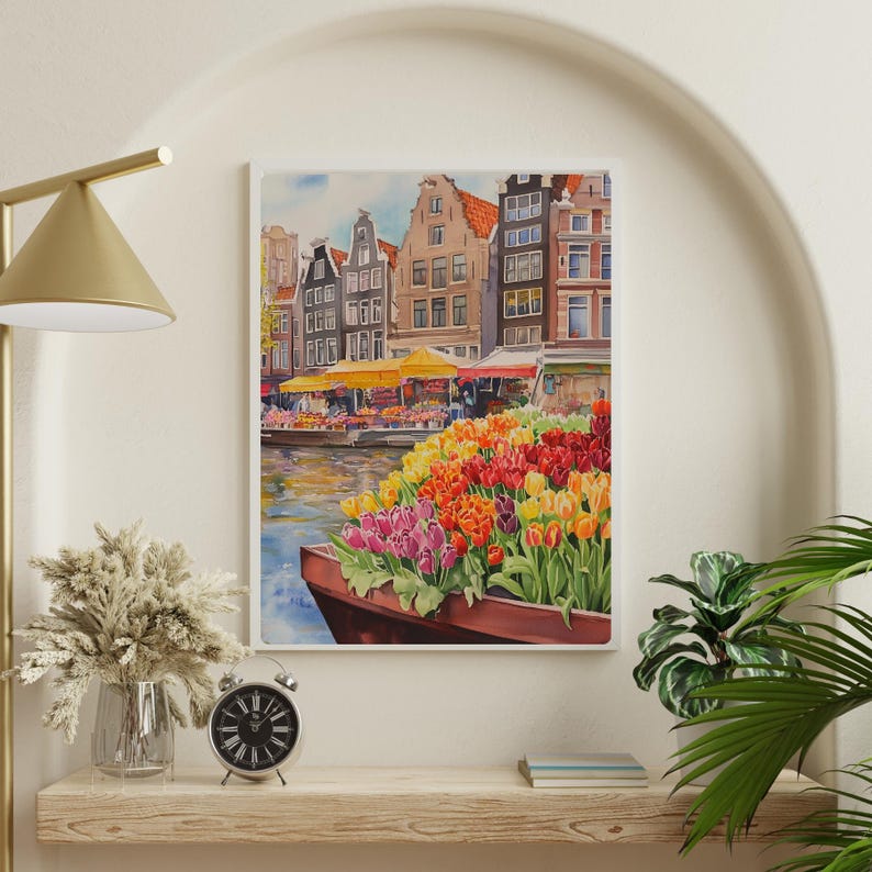 Amsterdam Tulips Watercolor Painting: Dutch Canal Art Print - Etsy