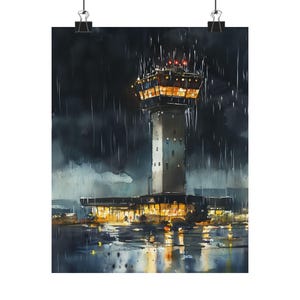 May include: A watercolor painting of an airport control tower at night. The tower is illuminated with yellow lights and is surrounded by a dark, stormy sky. Rain is falling and reflecting off the wet ground.