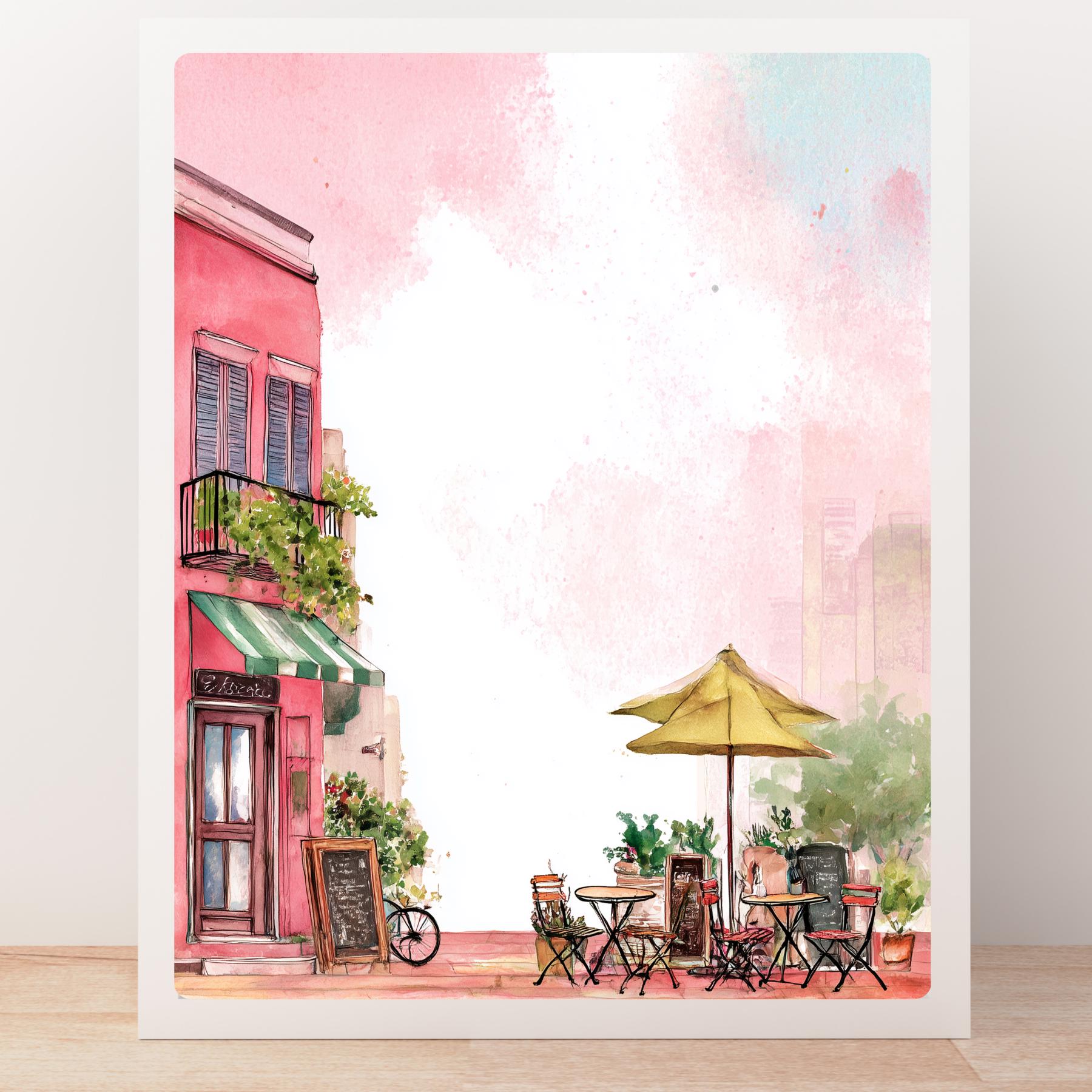 パリのカフェ水彩画：ピンクの建物、ヨーロッパの街並み - Etsy 日本