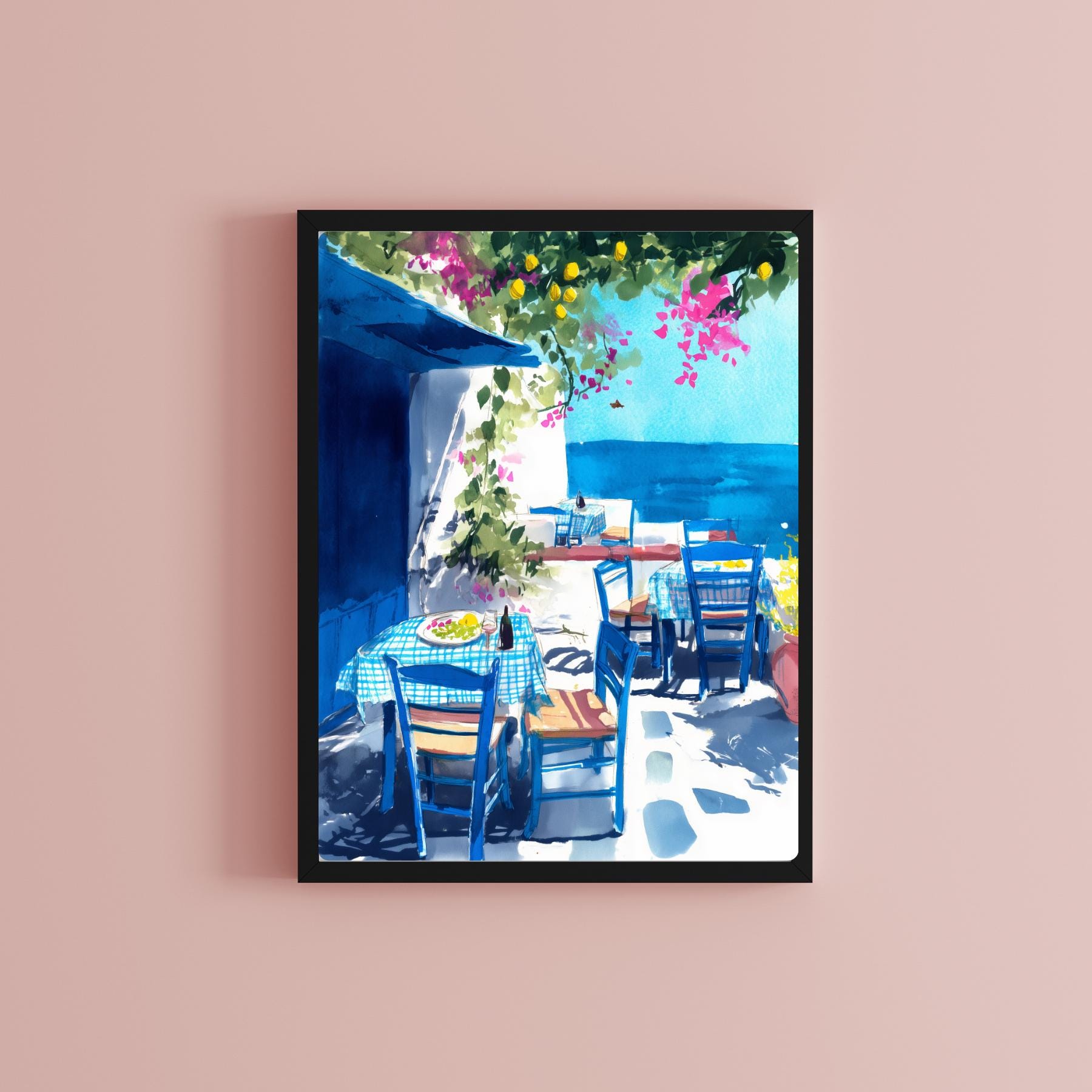 ギリシャのタベルナの水彩画：エーゲ海沿いのカフェの壁アート - Etsy 日本