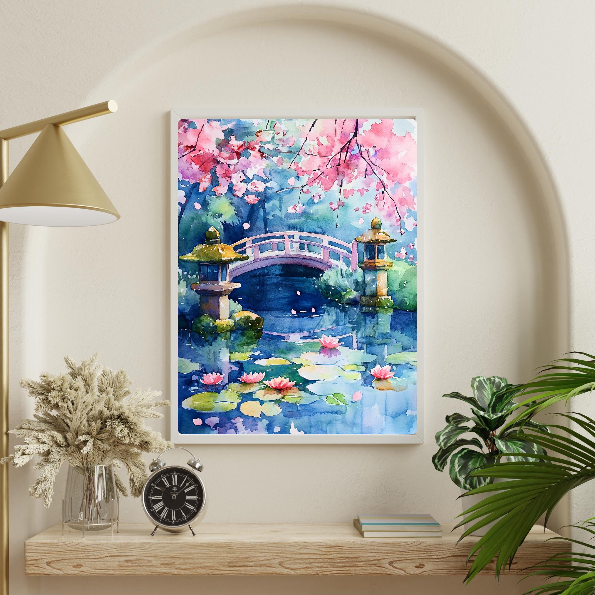 日本庭園の水彩画：桜、禅橋、鯉の池 - Etsy 日本