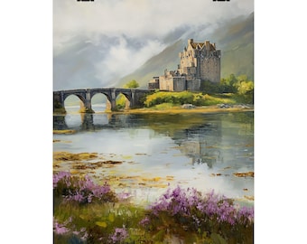 Eilean Donan Castle Art | Scottish Highland Painting | Misty Landscape Print | Bridge & Lake Wall Decor |Scotland Scene Art | Reflection Art