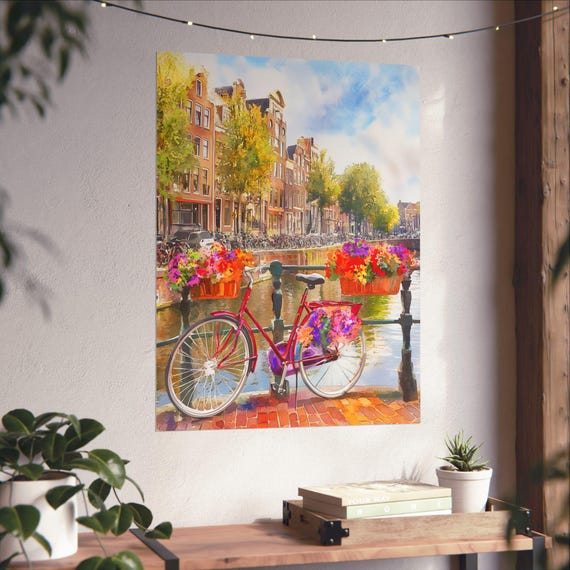 Amsterdam Bicycle Art Print: Dutch Canal Flowers, Cityscape Wall