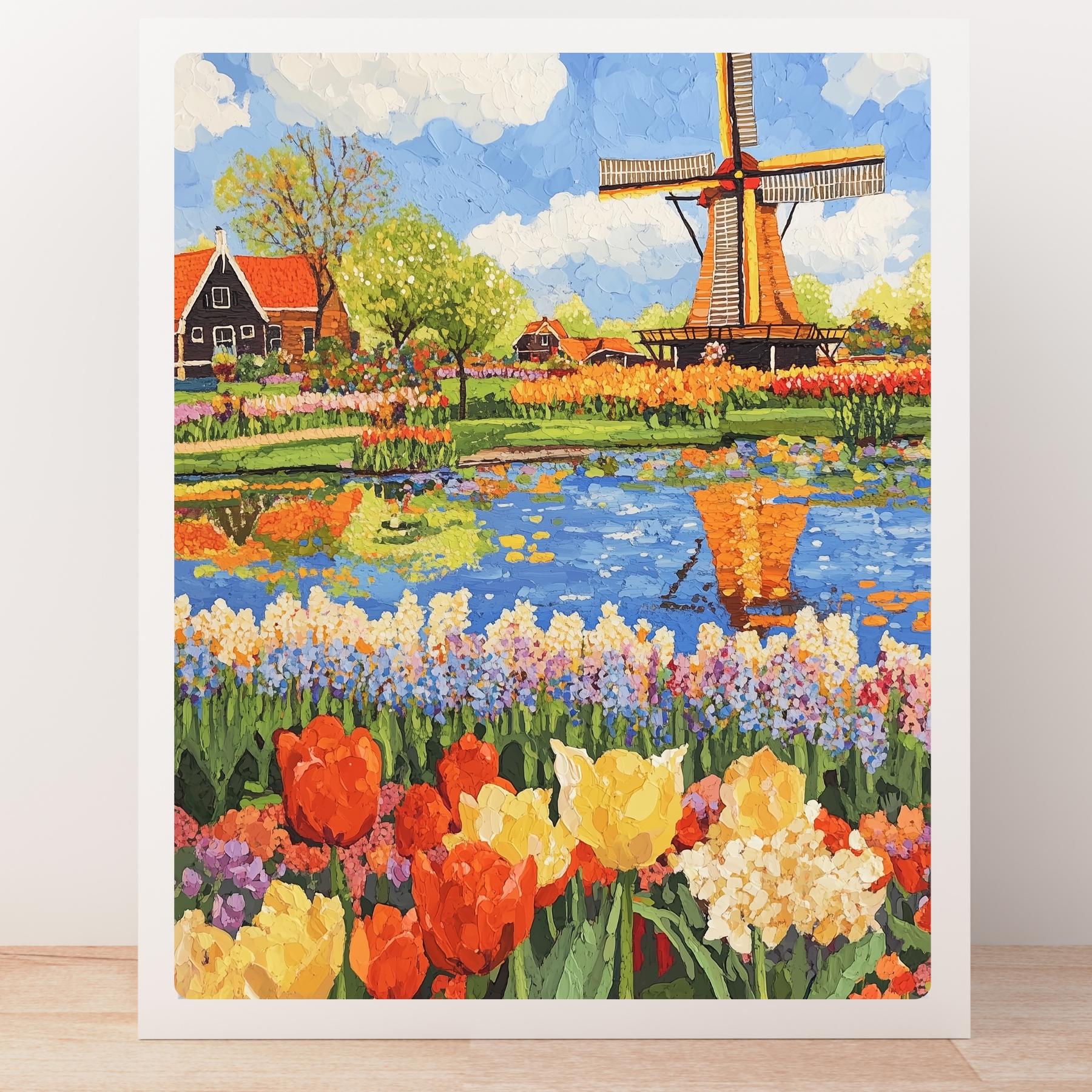 Keukenhof Gardens Art Print: Dutch Windmill & Tulips, Netherlands
