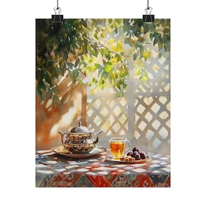 May include: A watercolour painting depicting a silver teapot, a glass of tea, and a plate of fruit on a patterned tablecloth. The scene is set outdoors with sunlight filtering through leaves.