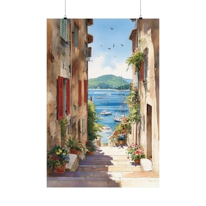 Mediterranean Alley Art Print: Coastal Village Painting, European Travel Decor
