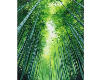 Puede incluir: Un bosque de bambú verde vibrante con tallos altos que alcanzan el cielo. La luz del sol se filtra a través de las hojas, creando un efecto moteado en el suelo del bosque.