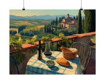 Könnte beinhalten: Ein Poster-Druck einer toskanischen Landschaft mit einem Tisch, der für eine Mahlzeit gedeckt ist. Der Tisch hat eine blau-weiß karierte Tischdecke, eine Weinflasche, eine Weinkaraffe, Brot, Oliven und einen Korb. Der Hintergrund zeigt sanfte Hügel und eine Villa.
