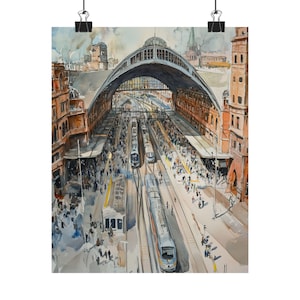 May include: A watercolor painting of a train station with multiple trains and people walking around. The station has a large arched roof and is made of brick. The trains are silver and blue with yellow accents.