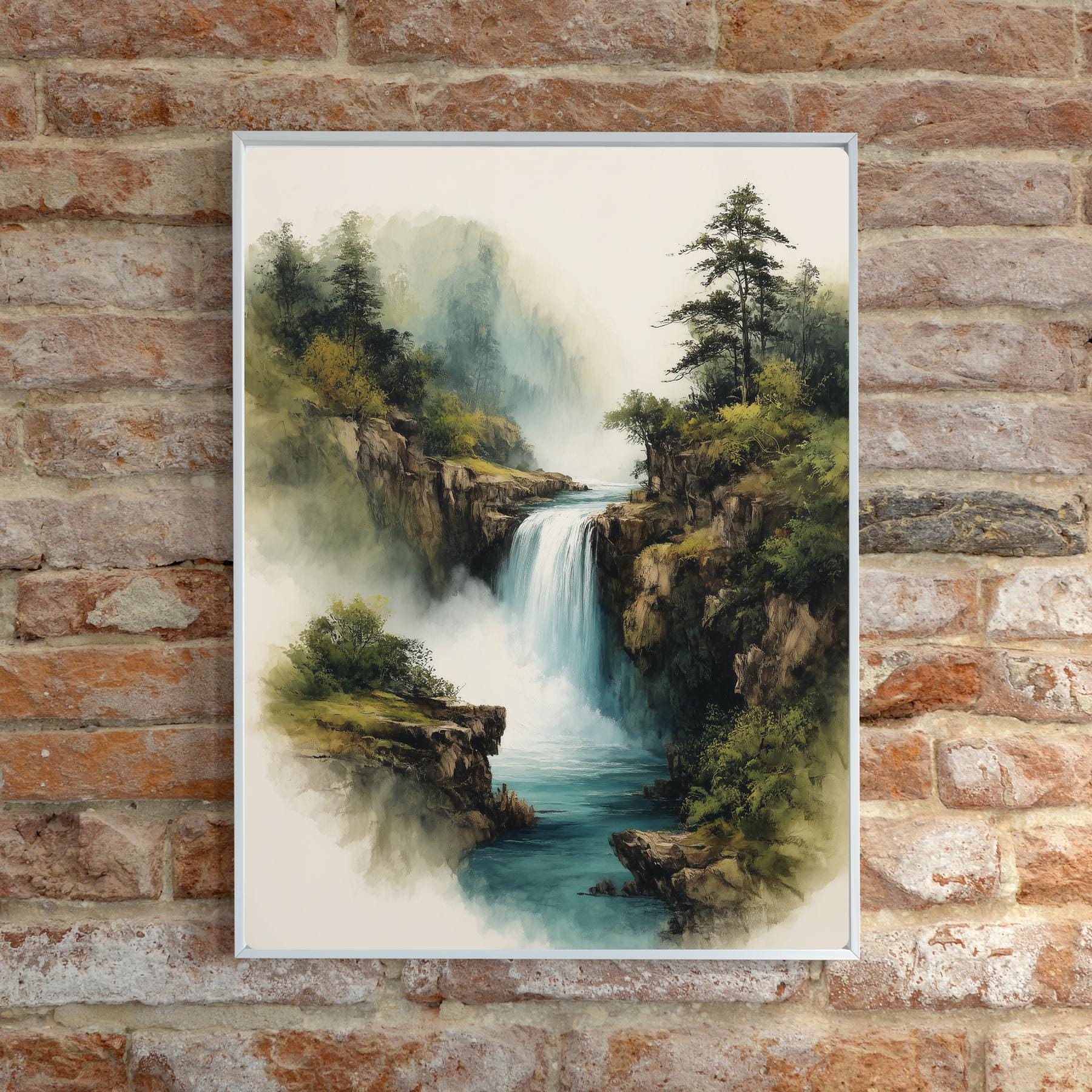 山の滝の版画：中国の水墨山水画 - Etsy 日本