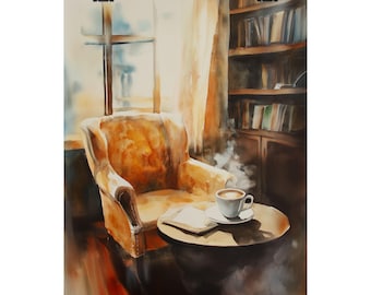 Cozy Coffee Shop Watercolor Art Print: Reading Nook Cafe Scene