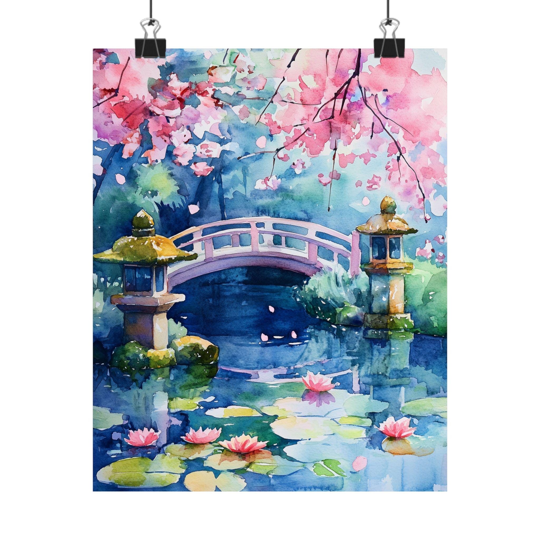 日本庭園の水彩画：桜、禅橋、鯉の池 - Etsy 日本