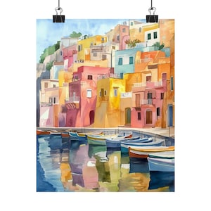 May include: Watercolor painting of a colorful Italian village with boats in the harbor. The buildings are painted in shades of yellow, orange, pink, and blue. The boats are a mix of blue, green, and red.