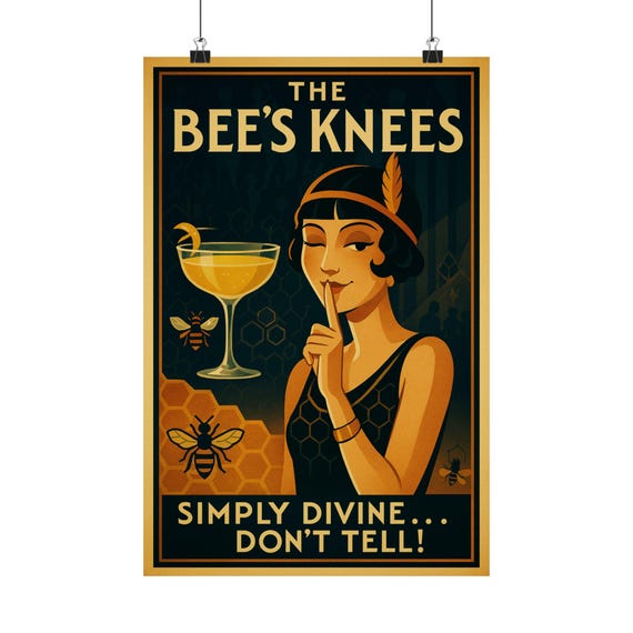 Bee's Knees Vintage Art Deco Print: 1920s Flapper Gin Cocktail Bar, Speakeasy Decor