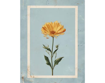 May include: A vintage-style botanical print featuring a vibrant yellow flower with green leaves and stem, set against a light blue background. The flower is centered within a white-bordered frame, creating a classic aesthetic.
