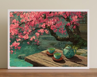 絵画　茶室用 日本庭園の水彩画アートプリント：桜、禅の茶室 - Etsy 日本