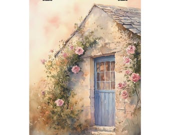 May include: A watercolor painting of a stone cottage with a blue door. The cottage is covered in pink roses and vines. The background is a soft, pastel pink.