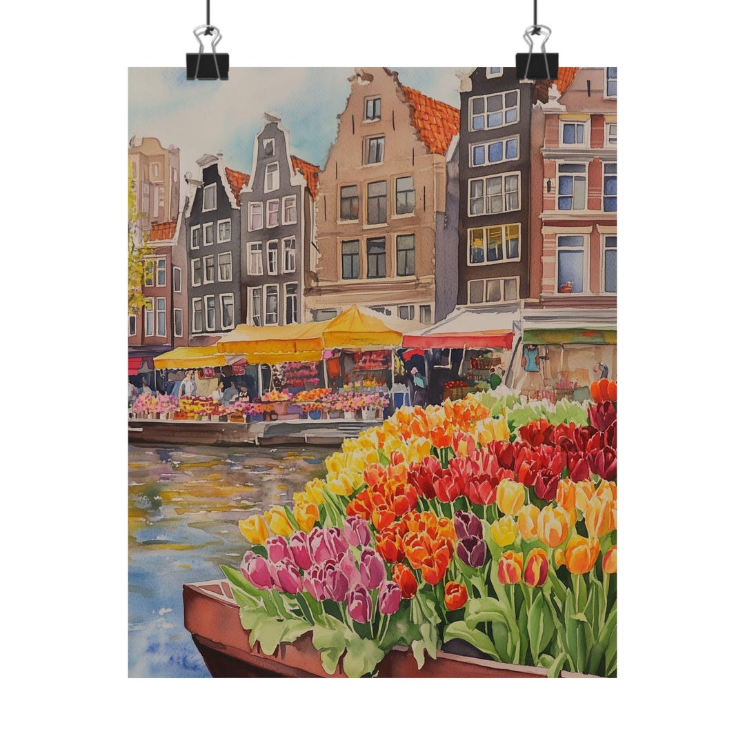 Amsterdam Tulips Watercolor Painting: Dutch Canal Art Print - Etsy