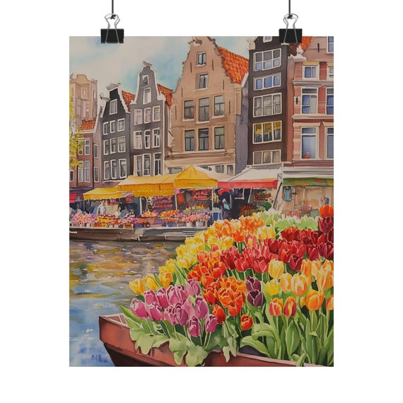 アムステルダムのチューリップの水彩画：オランダの運河アートプリント