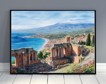 シチリアのアートプリント：タオルミーナとエトナ山の風景、イタリアの