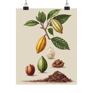 Kunst van cacao tot chocolade | Transformatiediagram cacaobonen | Botanische voedselillustratie | Muurafdruk keuken | Culinaire proceskunst
