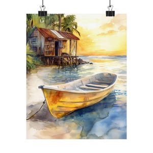 Akwarela Caribbean Rum Shack | Sztuka baru na plaży tropikalnej | Dekoracja ścienna Island Life | Obraz baru przybrzeżnego | Prezent na dom na plaży