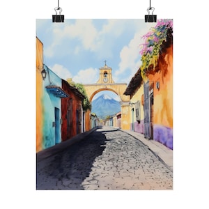 Santa Catalina Arch Watercolor, Volcano de Agua , Wall Art Decor, Home Office Decor, Guatemala Travel