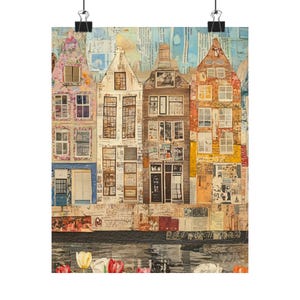 Amsterdam Canal Houses Art Print: Mixed Media Dutch Tulip Artwork