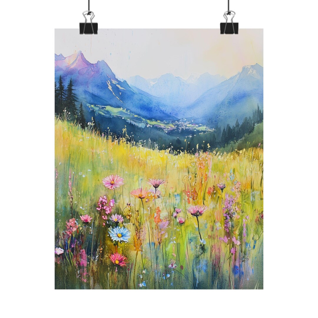 Alpine Wildflower Meadow Watercolor Print: Mountain Landscape Art - Etsy