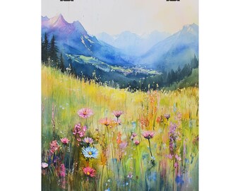 Alpine Wildflower Meadow Watercolor Print: Mountain Landscape Art