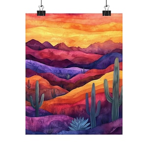 Wüste Sonnenuntergang Kunstdruck | Bunte Kaktus Landschaftsmalerei | Southwest Decor Wandkunst | Arizona Wüstenszene | Berg Gemälde | Boho