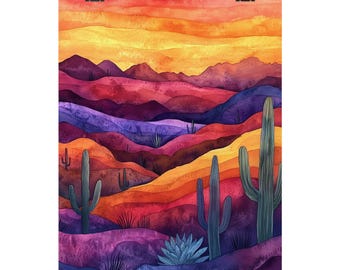 Desert Sunset Cactus Art Print: Southwest Landscape Painting