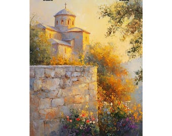 Kunst op de berg Athos | Grieks-orthodox klooster | Byzantijnse kerkafdruk | Heilige bergkunst | Gouden uur-schilderij | Religieuze kunst
