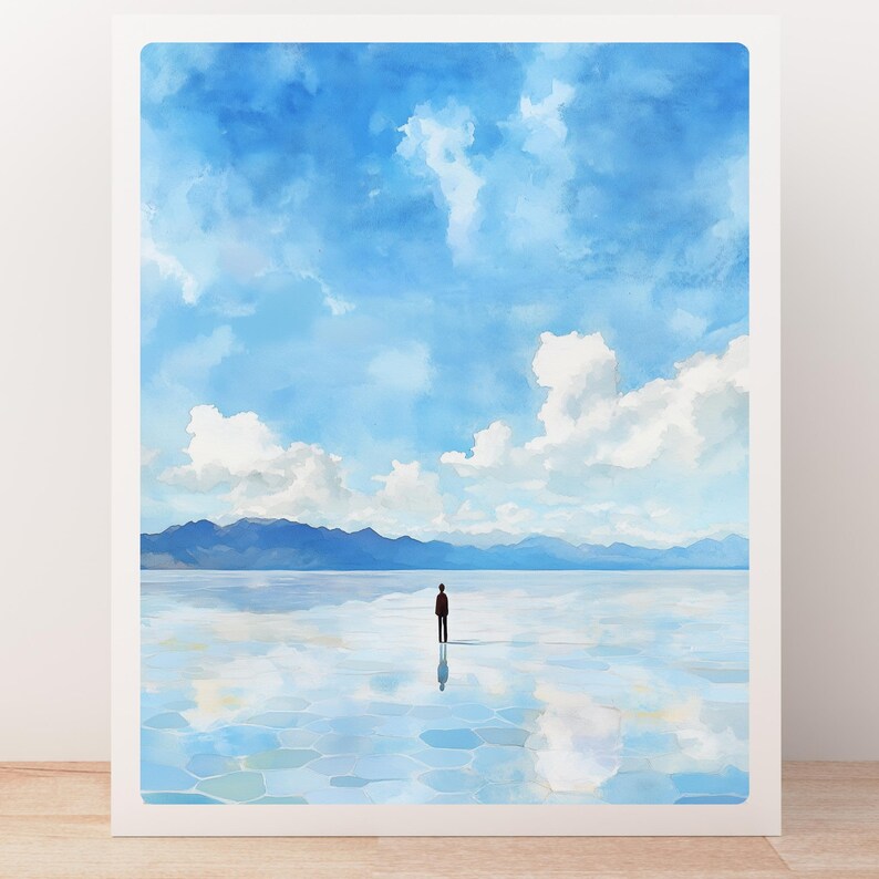 May include: A lone figure stands in the middle of a vast, reflective salt flat. The sky is a bright blue with fluffy white clouds. The mountains in the distance are barely visible.