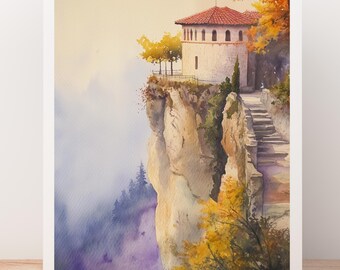 油彩画 メティオラ修道院　山と修道院の風景 インテリア　アンティーク メテオラ修道院の水彩画：崖の上のギリシャの秋の風景 - Etsy 日本