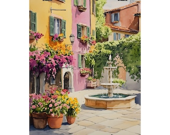 Può includere: Un dipinto ad acquerello di un cortile italiano colorato con una fontana al centro. Gli edifici sono gialli e rosa con persiane e finestre verdi. Ci sono fiori in vasi e cesti appesi.