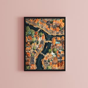 May include: A watercolour painting depicting an aerial view of a city with narrow canals and colourful buildings. The painting features a network of waterways with boats and bridges, creating a picturesque scene.